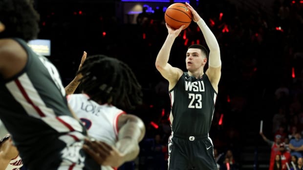 Washington State Cougars forward Andrej Jakimovski (23) shoots a basket against the Arizona Wildcats during the first half at McKale Center in Tucson, Arizona, on Feb. 22, 2024.